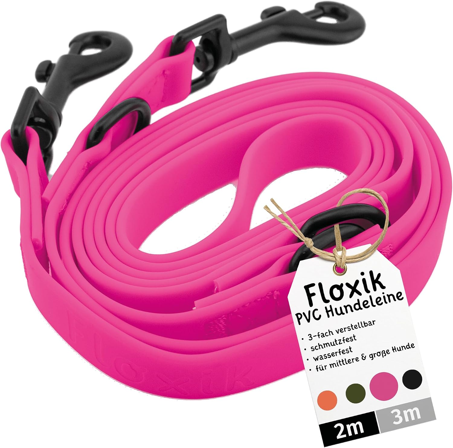 Floxik PVC Hundeleine verstellbar 2m-3m Schwarz - wasserfest schmutzabweisend