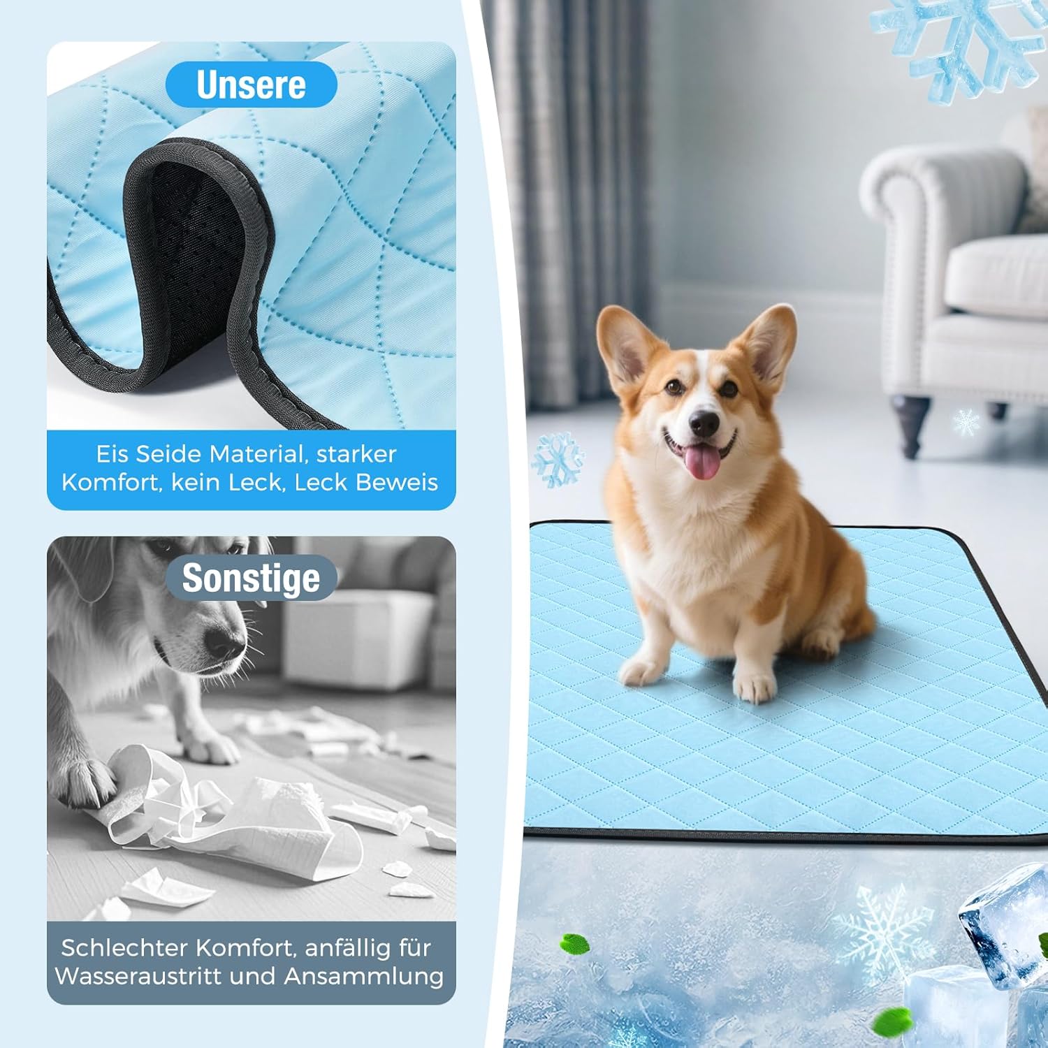 Kuehlmatte fuer Hunde und Katzen 90x60 cm selbstkuehlend wasserdicht rutschfest
