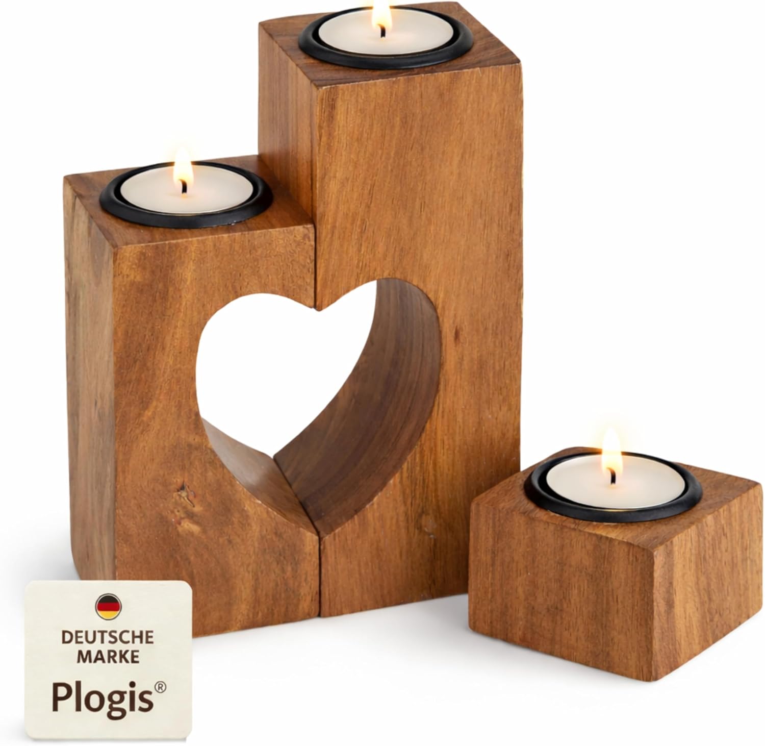 Teelichthalter Herz 3er Set aus Akazienholz 15 cm Valentinstag Geschenk
