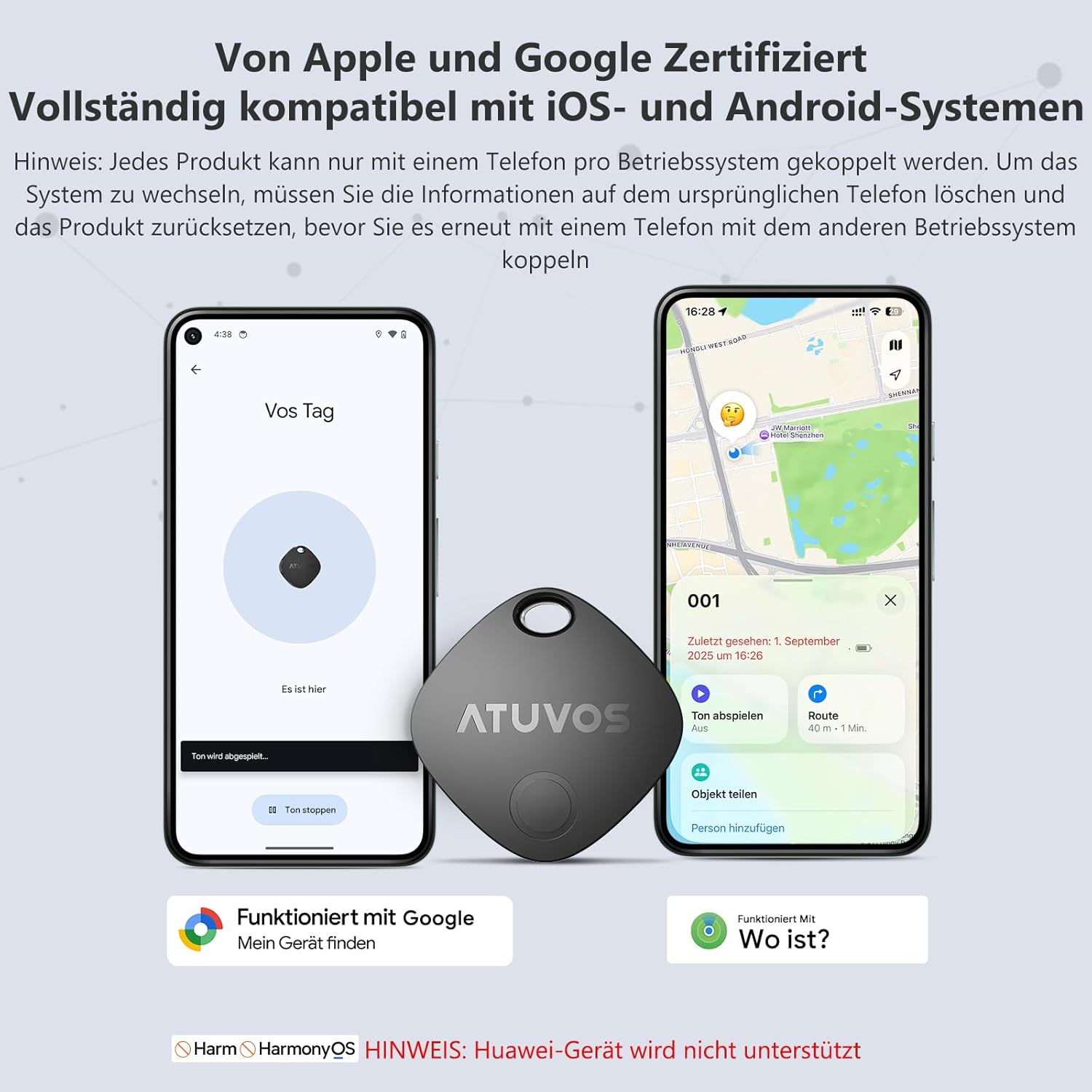 ATUVOS AirTag Pro Bluetooth Tracker fuer Android und iOS Dual-System Schluessel