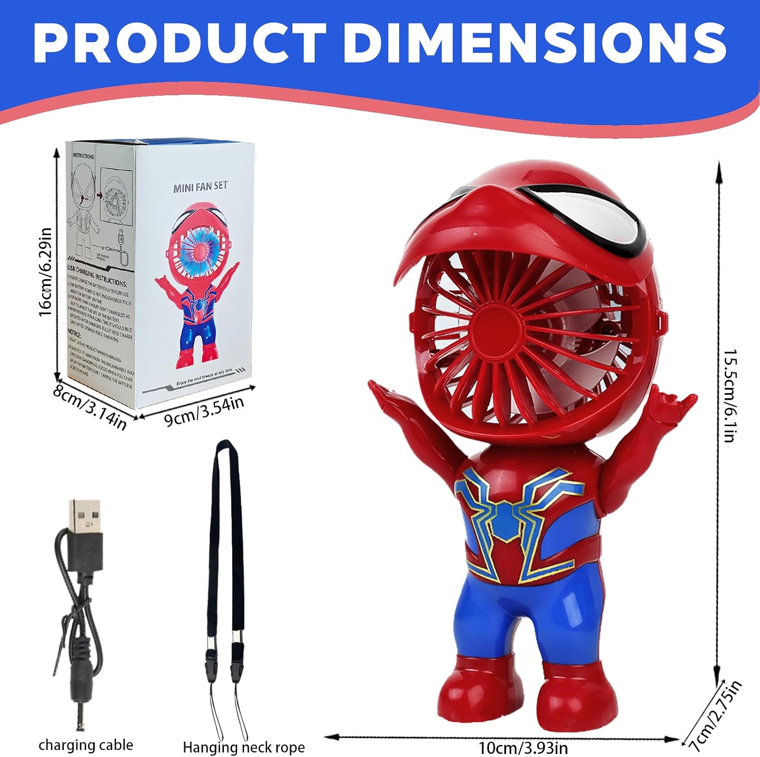 YOUYIKE Mini USB Handventilator rot/blau Spinnenform mit LED, Standfunktion