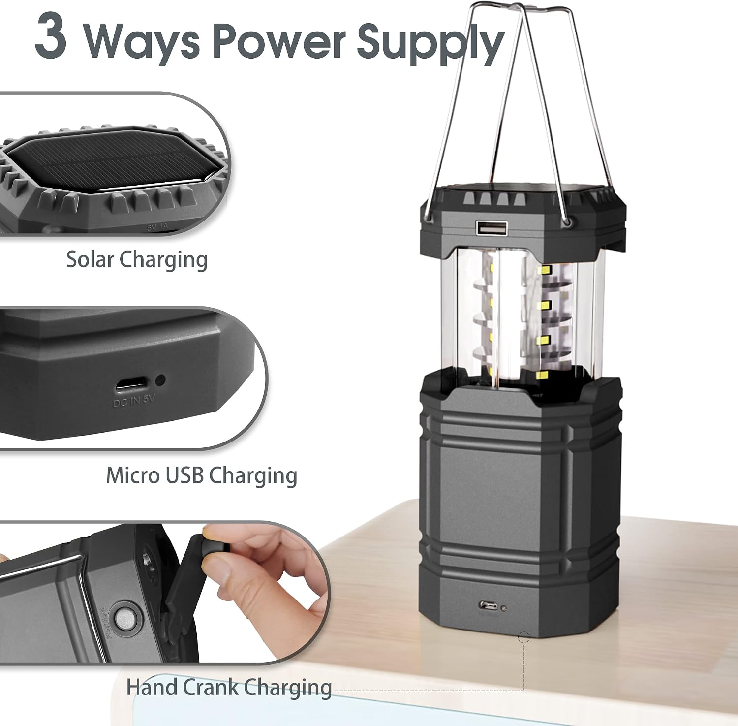 Mesqool Solar Handkurbel Camping Laterne LED 3000mAh Powerbank Typ C