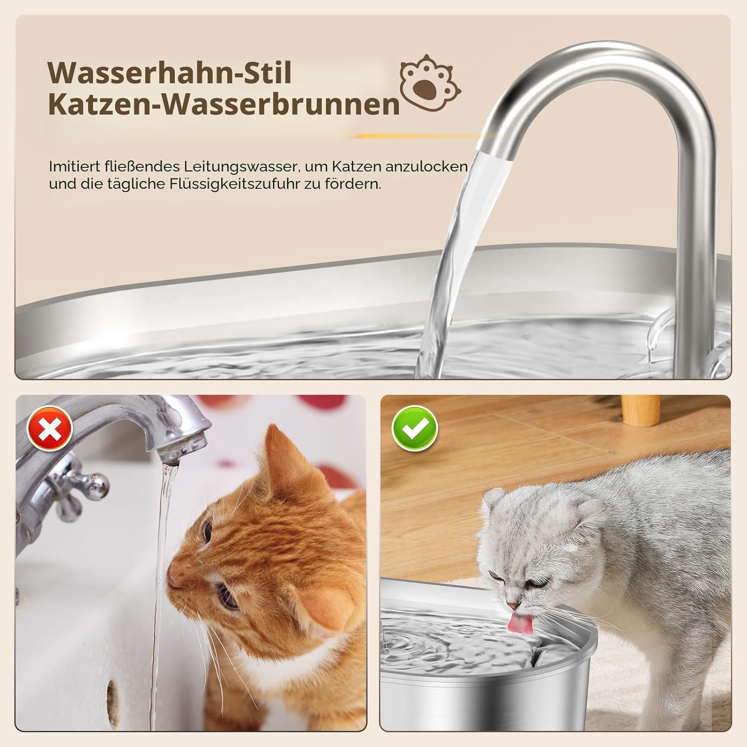 Invengo Katzenbrunnen Edelstahl leiser Trinkbrunnen mit Wasserstandsanzeig