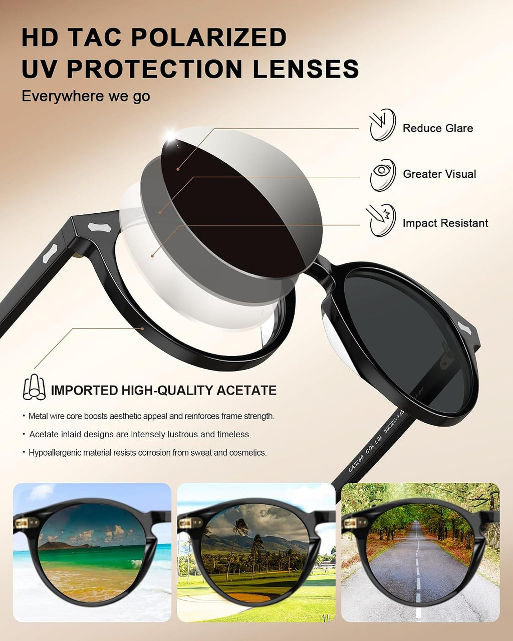 Carfia Polarisierte Herren Sonnenbrille rundes Gestell mit Lederetui