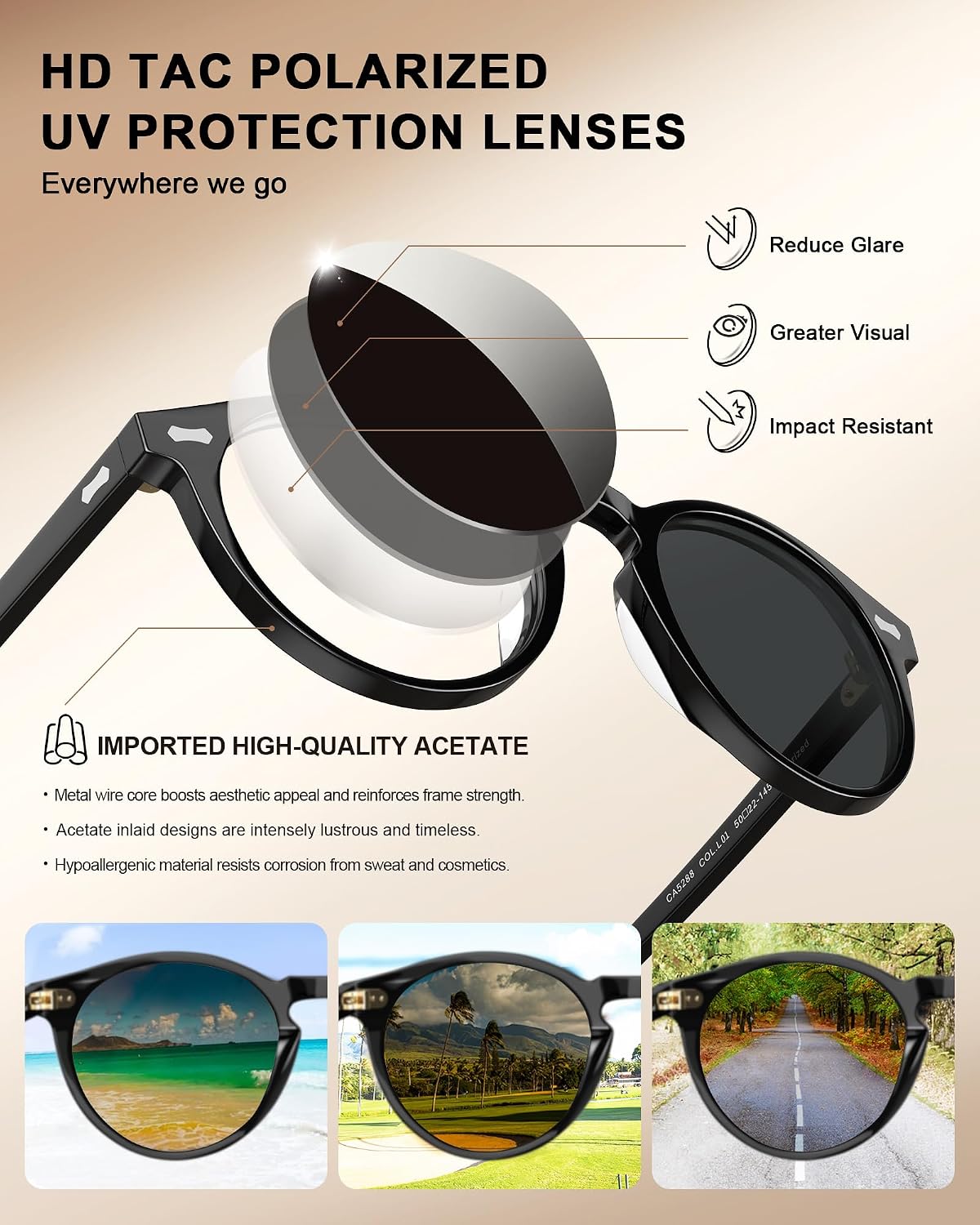Carfia Polarisierte Herren Sonnenbrille rundes Gestell mit Lederetui