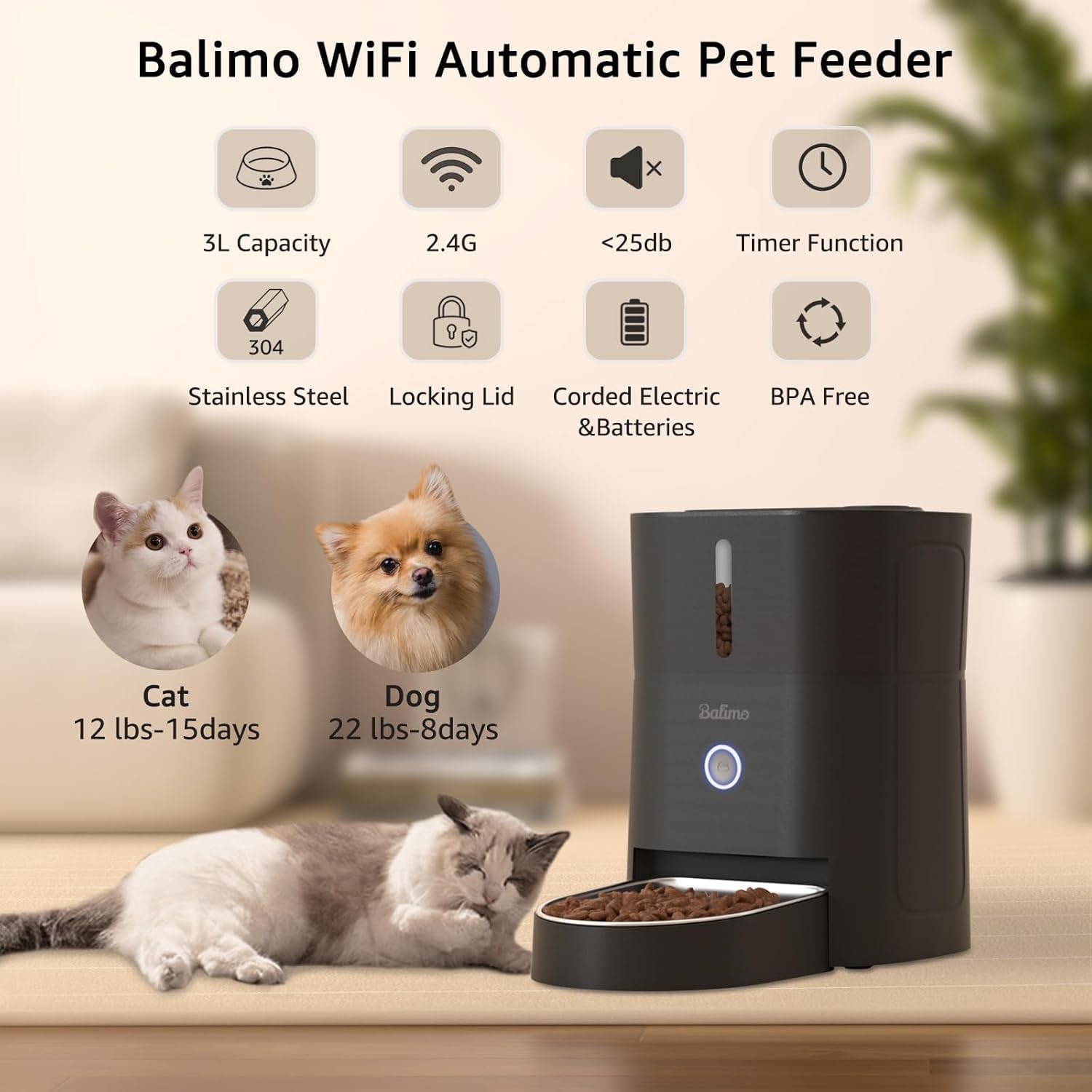 Balimo Futtermautomat Katze WLAN App Steuerung 1-10 Mahlzeiten Nachtlicht Ede