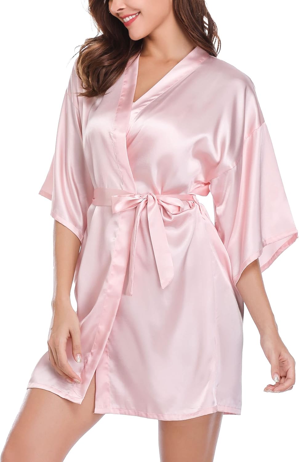 Vlazom Satin Kimono Damen kurz V‑Ausschnitt mit Guertel S-XXL