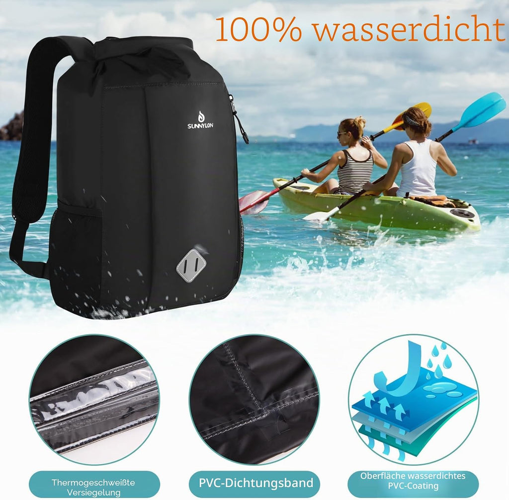 Dry Bag Rucksack 20L wasserdicht IPX8 Rolltop mit Handyhuelle fuer Kajak Strand