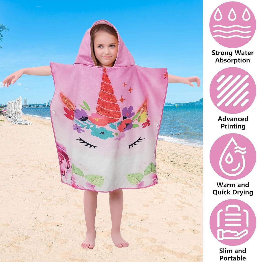 Badeponcho Kinder Mikrofaser mit Kapuze und Druckknoepfen, saugfaehig, Rosa Blumen