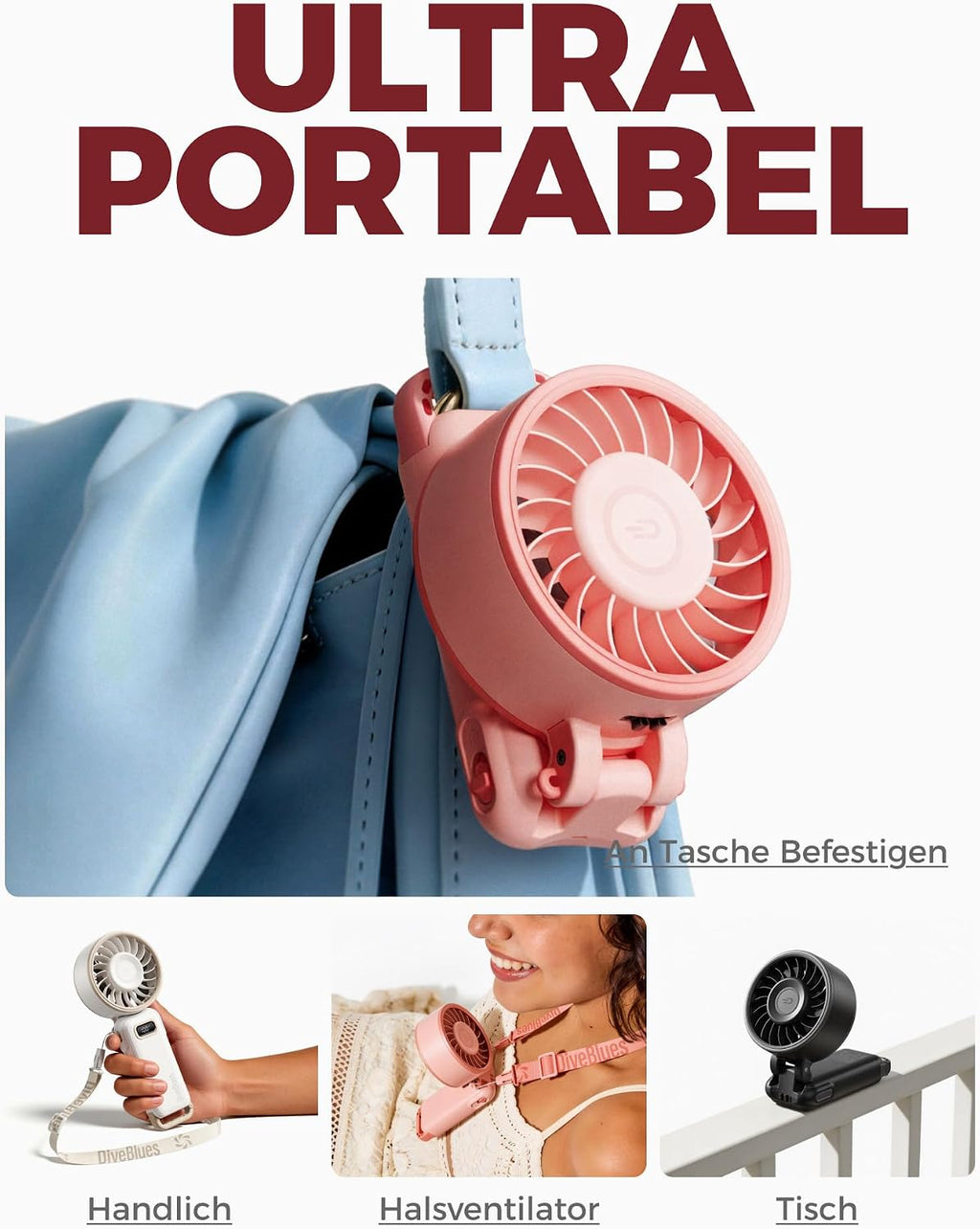 Diveblues Handventilator Akku 4‑in‑1 180° faltbar bis 12 Std. Laufzeit Turbo