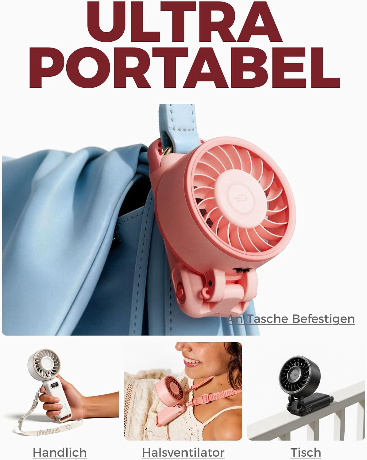 Diveblues Handventilator Akku 4‑in‑1 180° faltbar bis 12 Std. Laufzeit Turbo