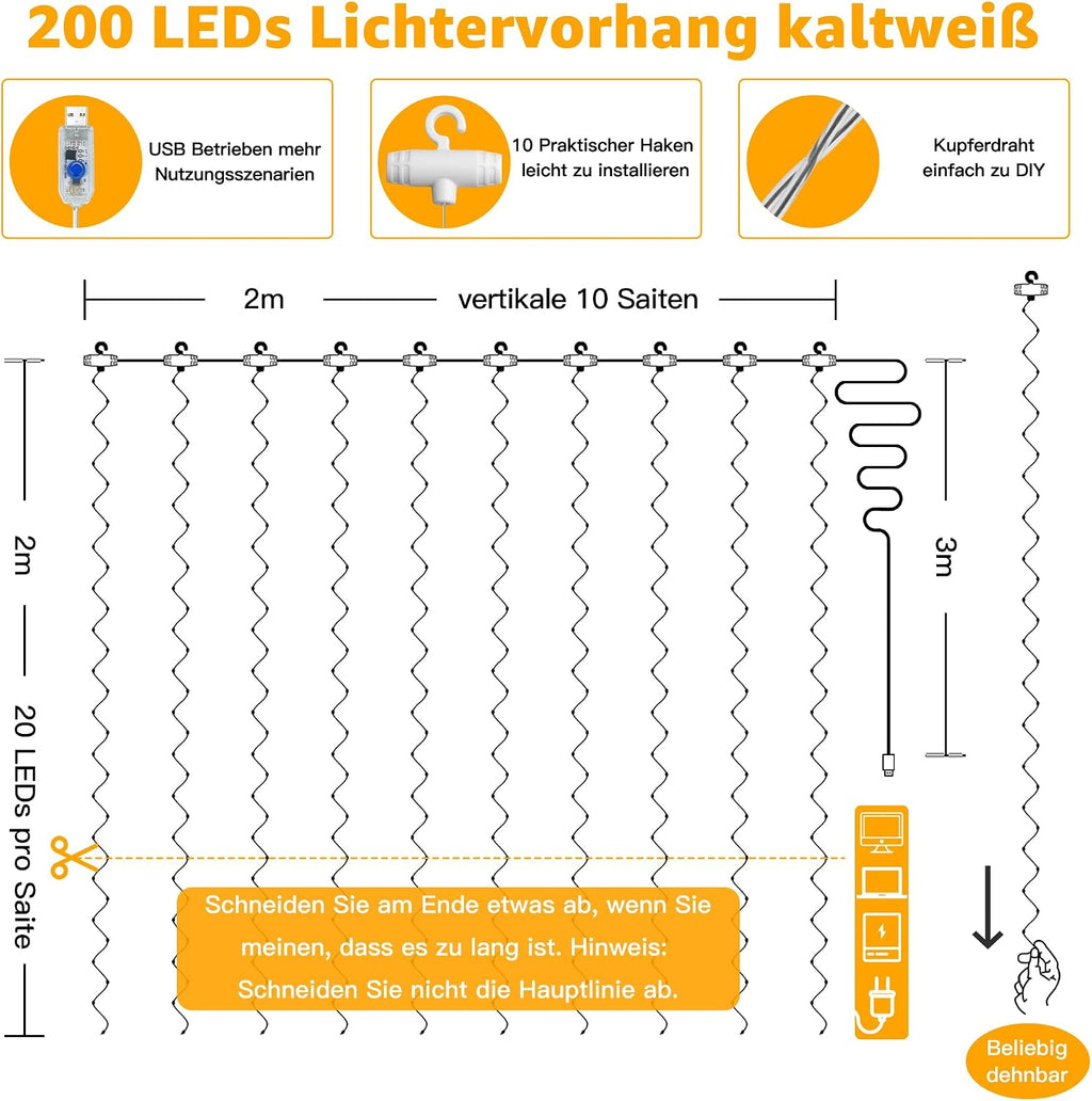 Ollny LED Lichtervorhang 2x2 m 200 LEDs warmweiss USB, Fenster Vorhang mit 10 Hak
