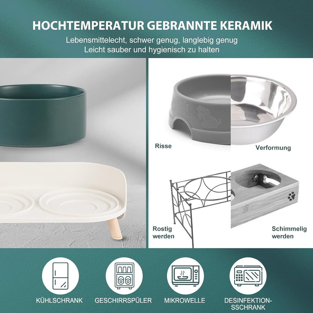 Erhoehter Keramik Hundenapf 2x720 ml mit Staender rutschfest gruen fuer Hunde Katzen