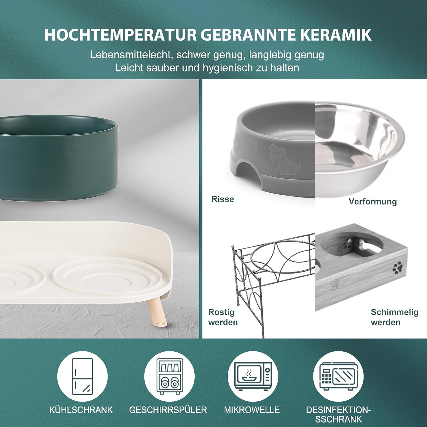Erhoehter Keramik Hundenapf 2x720 ml mit Staender rutschfest gruen fuer Hunde Katzen