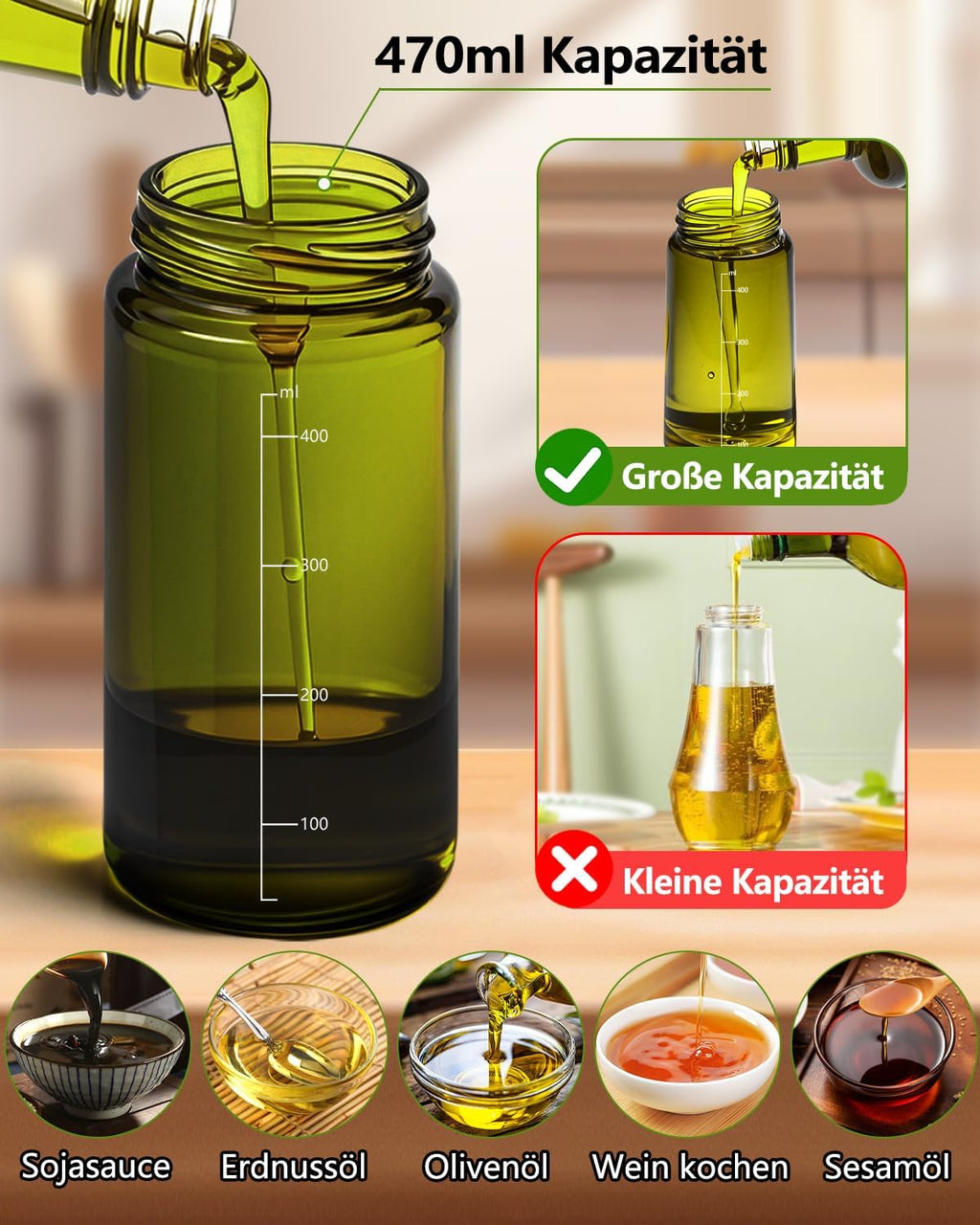 2in1 Oelsprueher 470 ml mit UV-Schutz fuer Kochen Grill Heissluftfritteuse