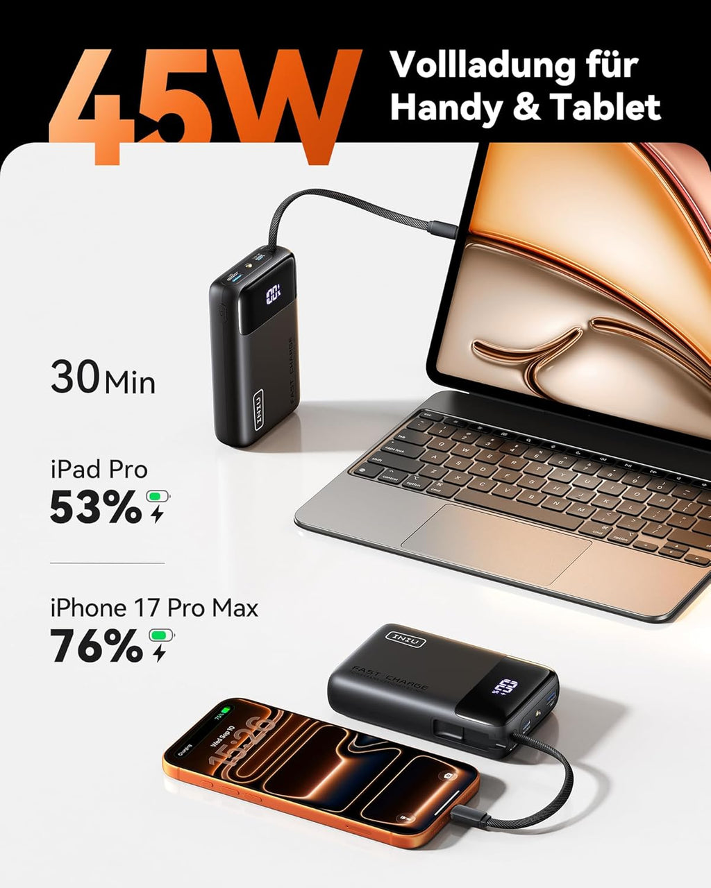 INIU 45W Power Bank 20000 mAh mit integriertem USB‑C Kabel Schnellladen