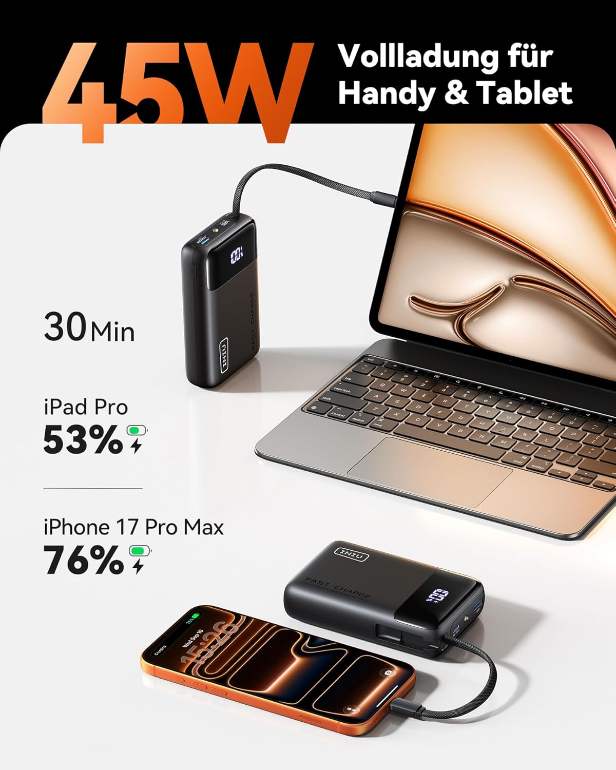 INIU 45W Power Bank 20000 mAh mit integriertem USB‑C Kabel Schnellladen