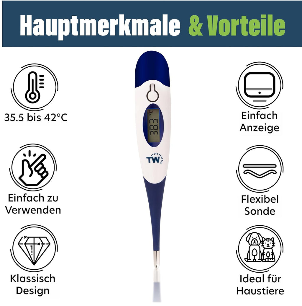 Digitales Haustierthermometer fuer Hund Katze Pferd mit flexibler Sonde