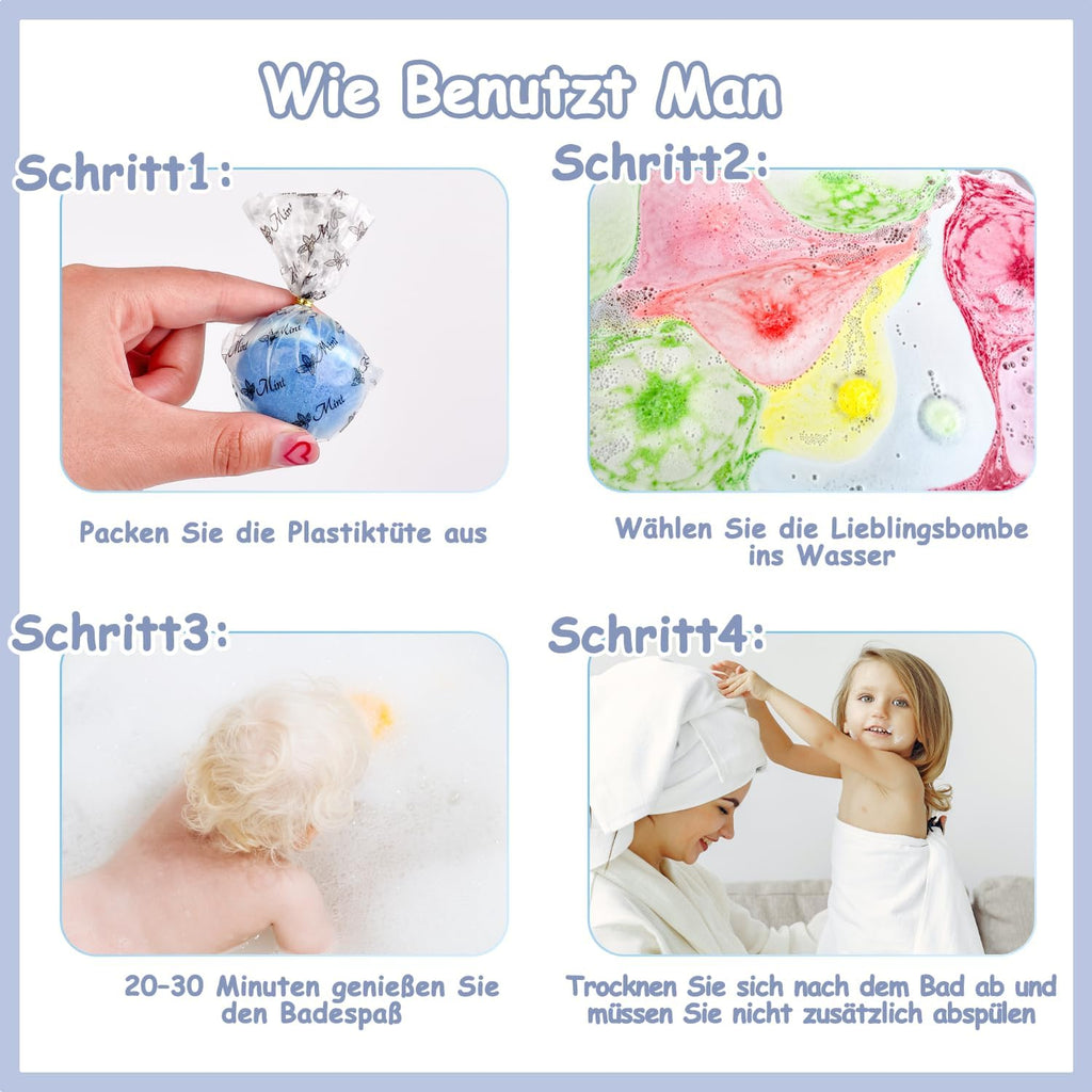 Badebomben Kinder 12er Set mit Kristall Ueberraschung Natur Schaumbad