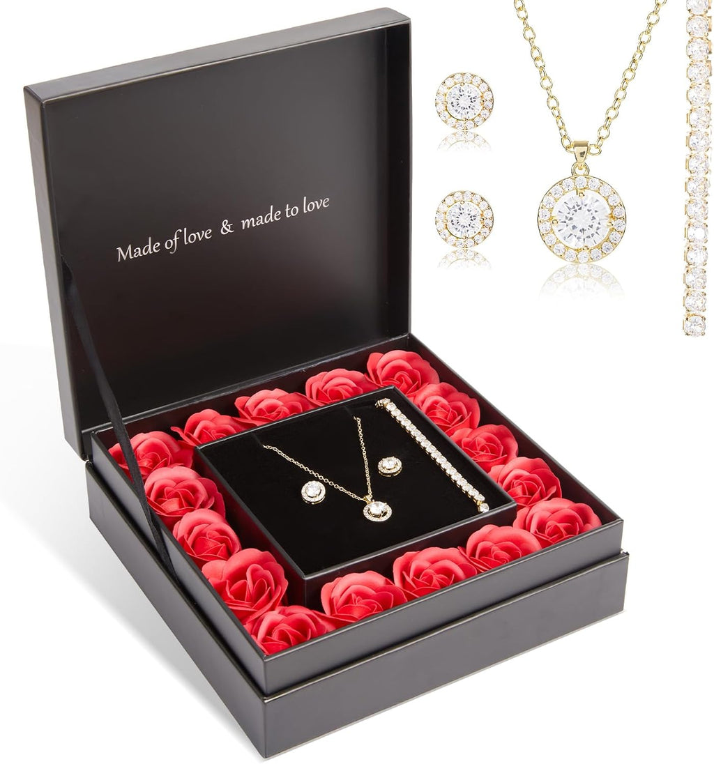DN DECONATION Schmuckset Ewige Rose Halskette Ohrringe mit Geschenkbox