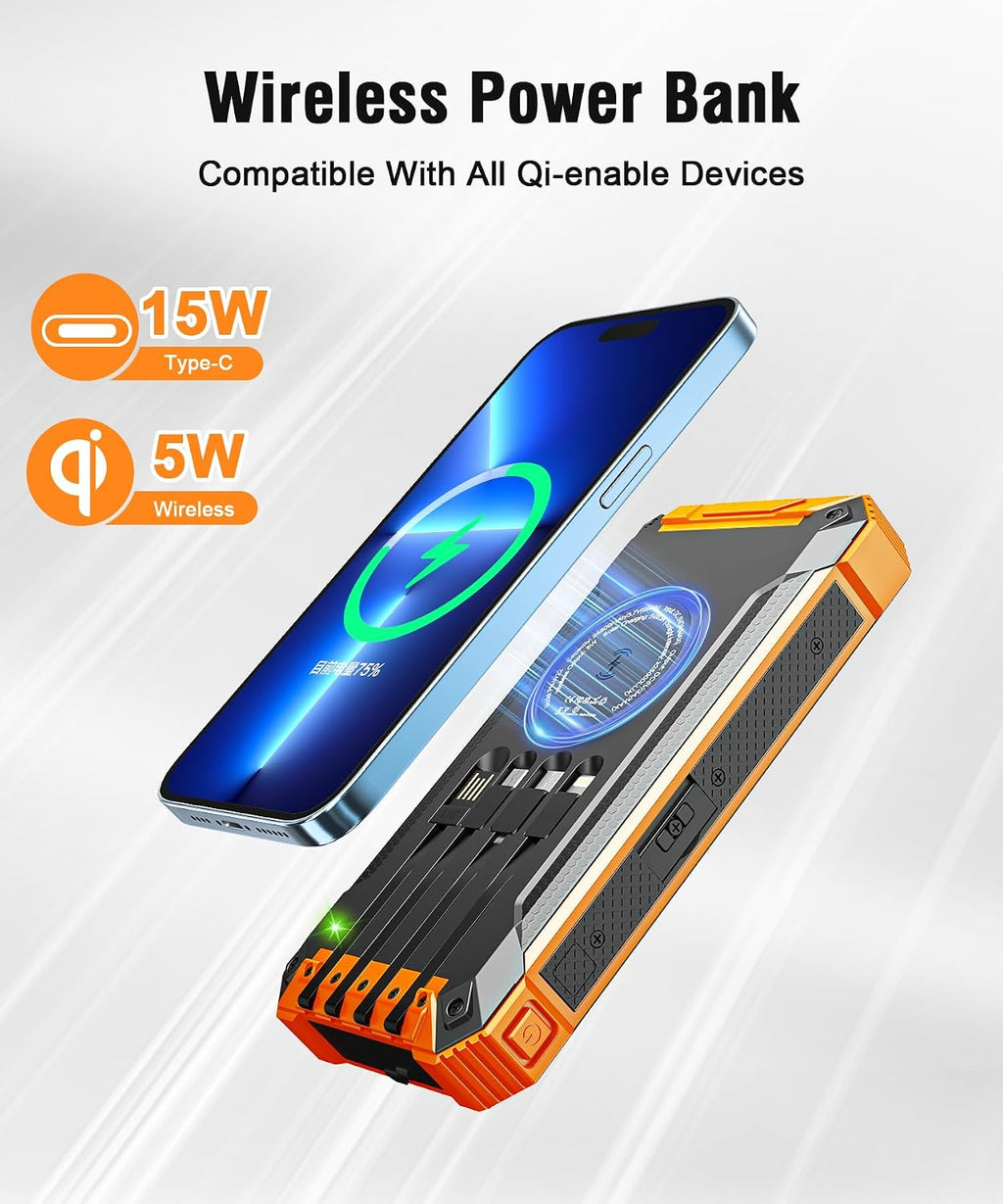 Solar Powerbank 26800 mAh, Wireless 15W, USB‑C Ein/Aus, integrierte 4 Kabel, Tas