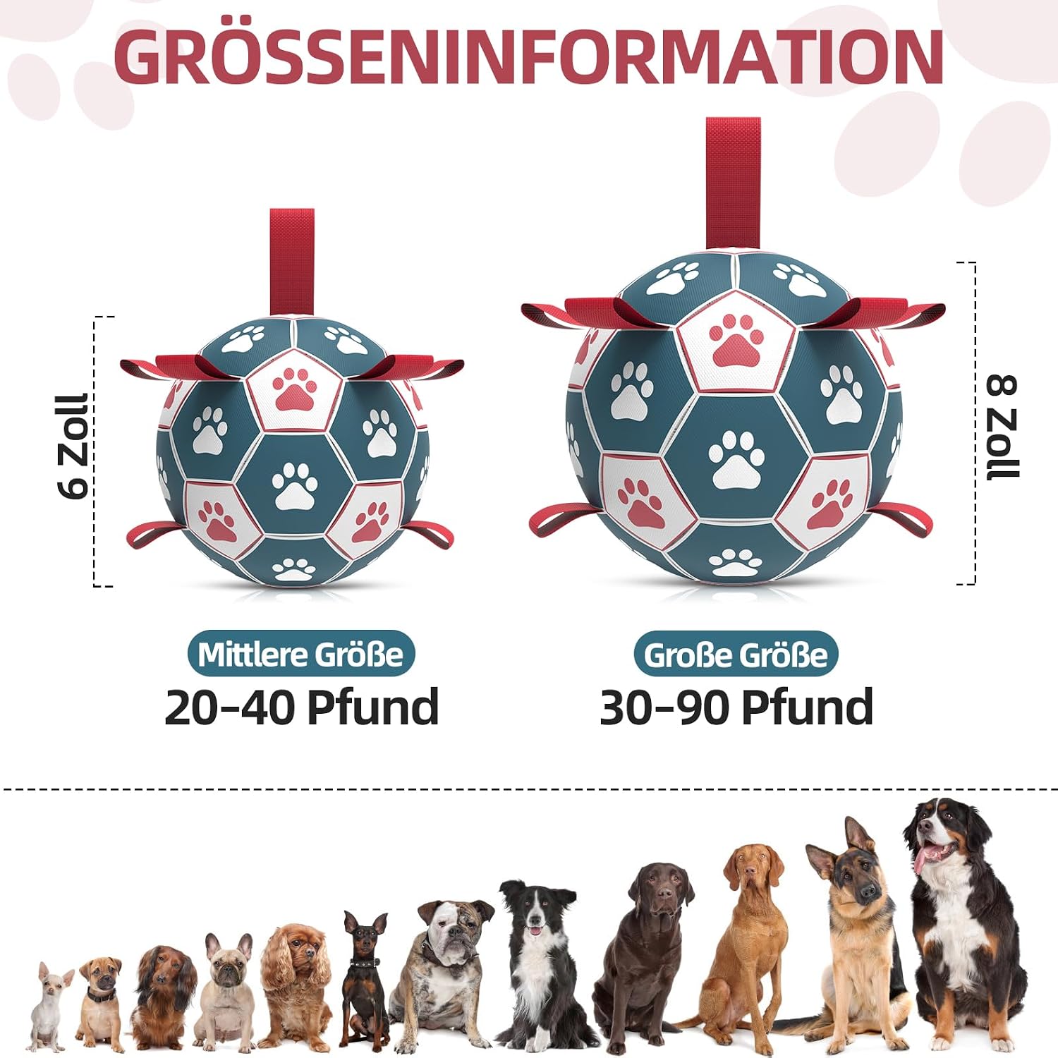 HETOO Hundeball mit Griff 8 Zoll Rot/Blau, interaktives Hundespielzeug S-XL