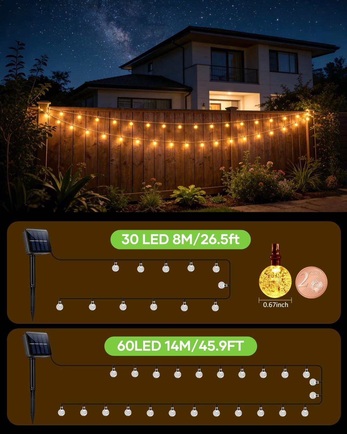 Suright Solar Lichterkette Aussen 8M 30 LED IP65 8 Modi Garten Balkon 8m-14m