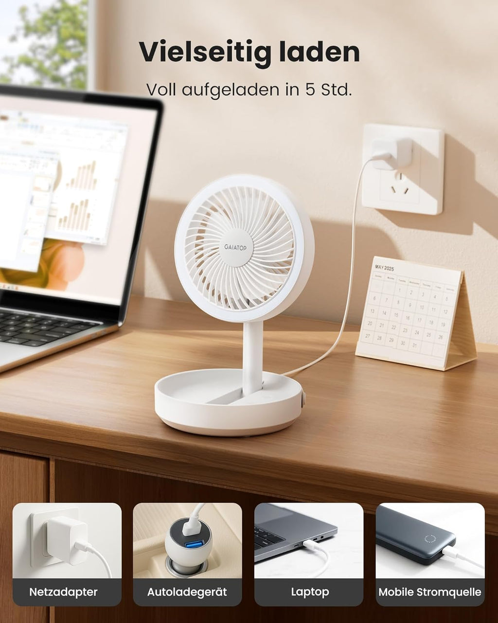Gaiatop 17 cm Faltbarer Tischventilator 6000 mAh Akku USB leise mit Nachtlicht