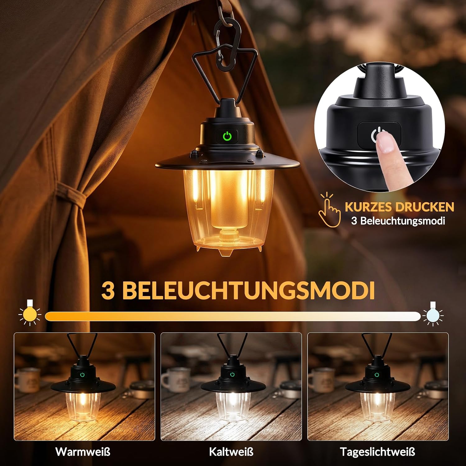 Aufladbare Retro Camping-Haengeleuchte, dimmbar 3 Modi, wasserdicht, schwarz