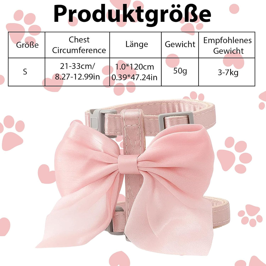 Katzen Geschirr mit Leine Pink Schleife S, verstellbar, atmungsaktiv fuer Kitten