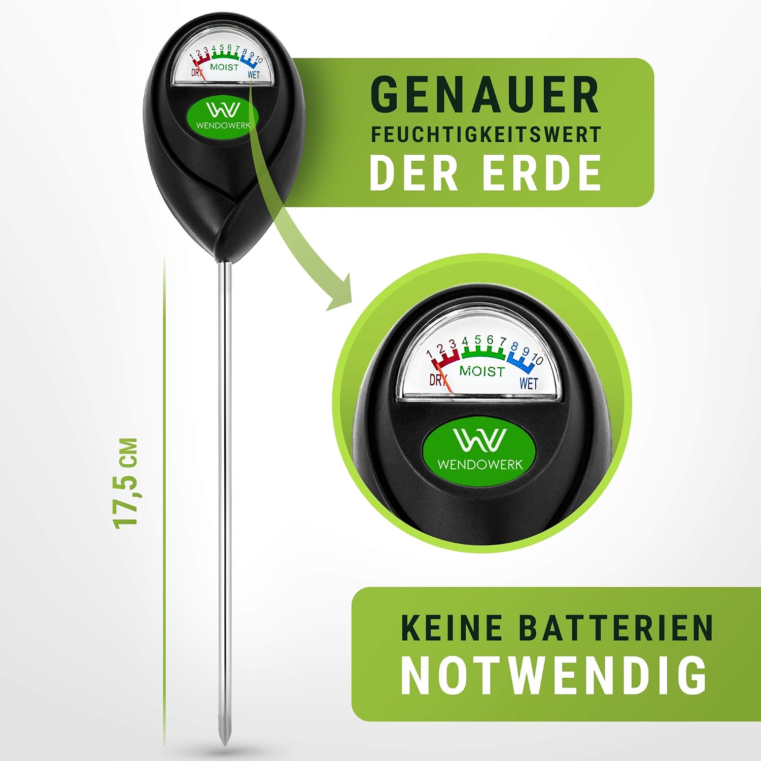 Wendowerk Bodenfeuchtemesser Pflanze gruen/schwarz ohne Batterie Analoger Tester