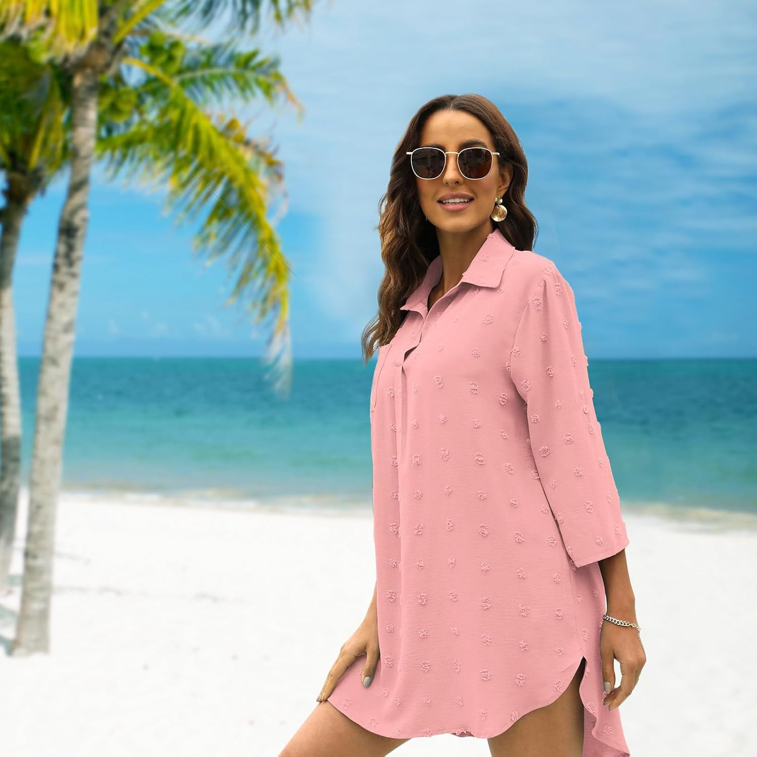 Strandkleid Damen V-Ausschnitt Baumwolle Cover-Up Strandtunika M-XL