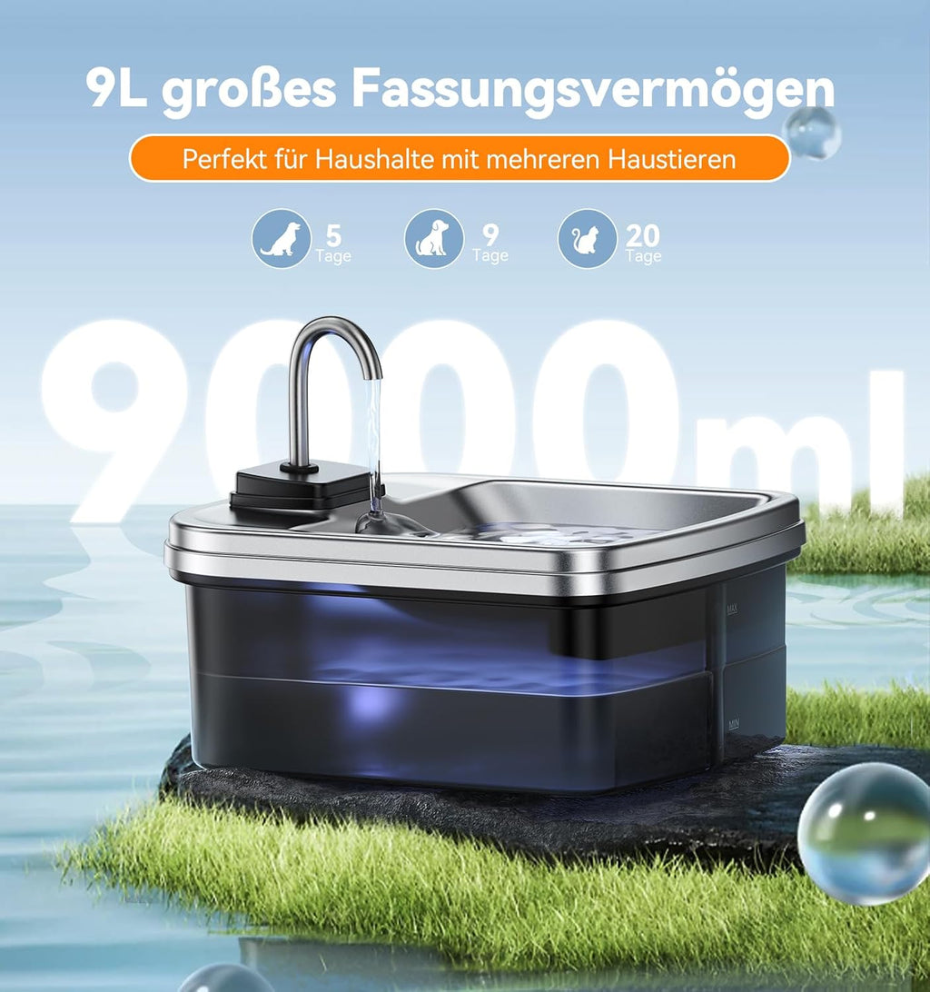 FEELNEEDY Hundetrinkbrunnen mit Edelstahlwanne, 3 Stufen Filterung