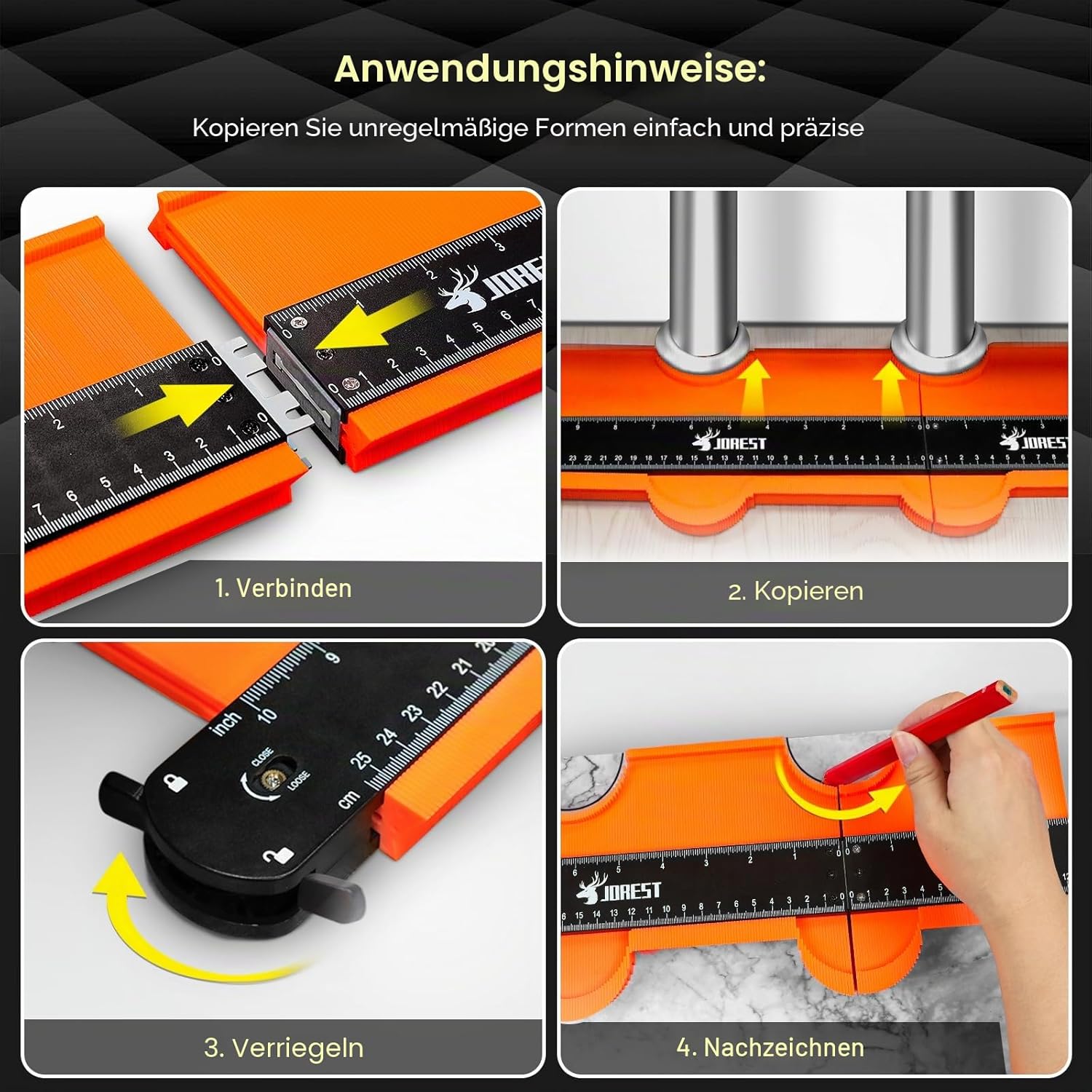 JOREST Konturenlehre 25+12 cm feststellbar Wiederholungslehre Laminat Schablone