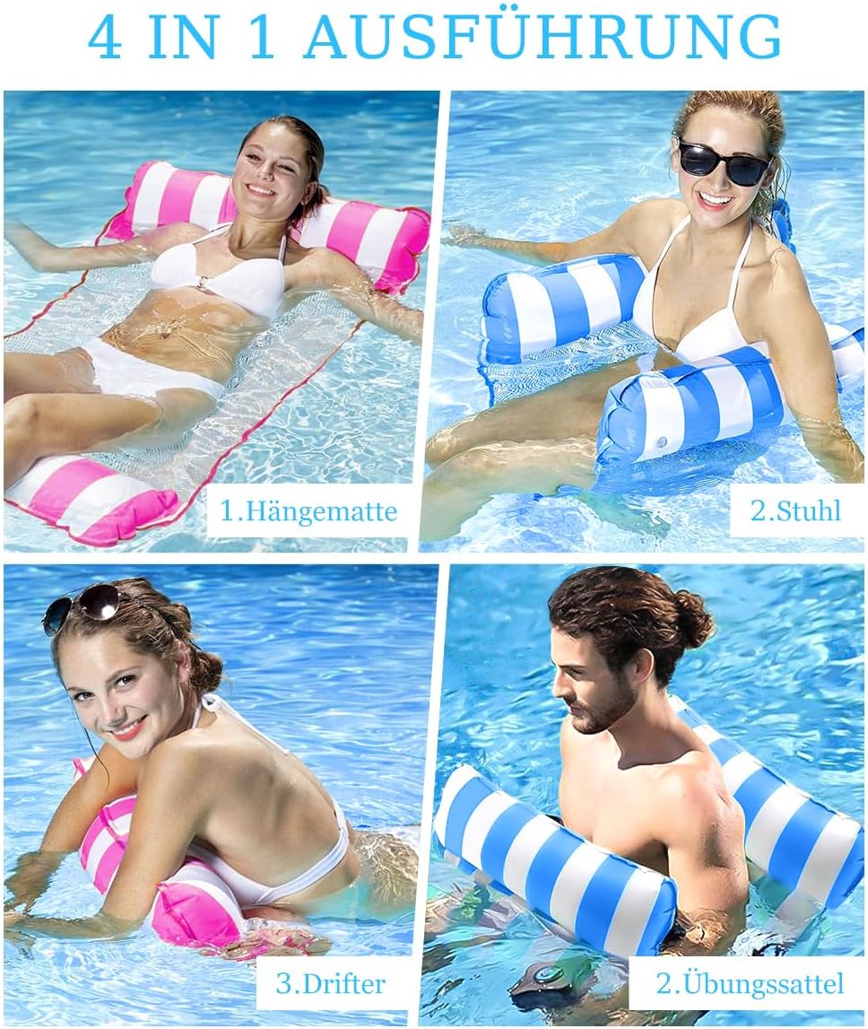 Wasserhaengematte 4-in-1 mit 2 Getraenkehaltern und Luftpumpe Poolliege