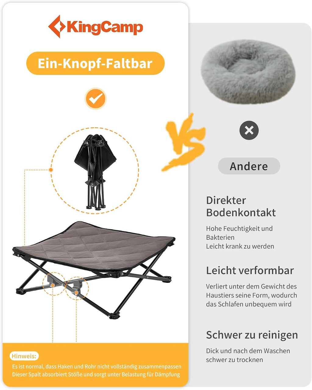 KingCamp erhoehtes Hundebett 77x77x30 cm mit Mesh Wildledermatte rutschfest 23cm
