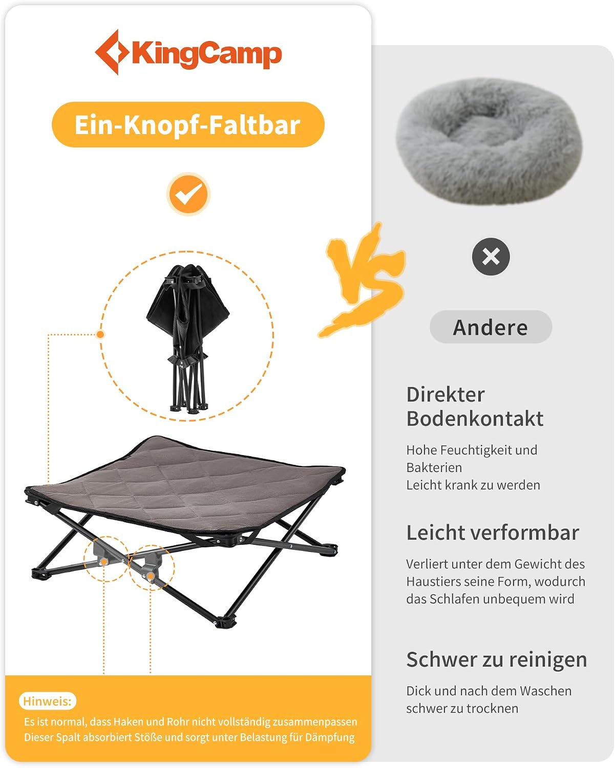 KingCamp erhoehtes Hundebett 77x77x30 cm mit Mesh Wildledermatte rutschfest 23cm