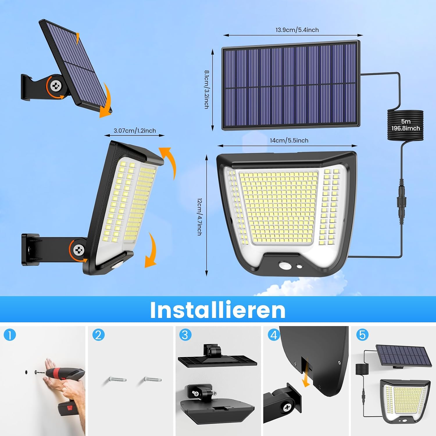 Solarlampe Aussen 288 LEDs mit Bewegungsmelder IP65 3 Modi 270° Garten