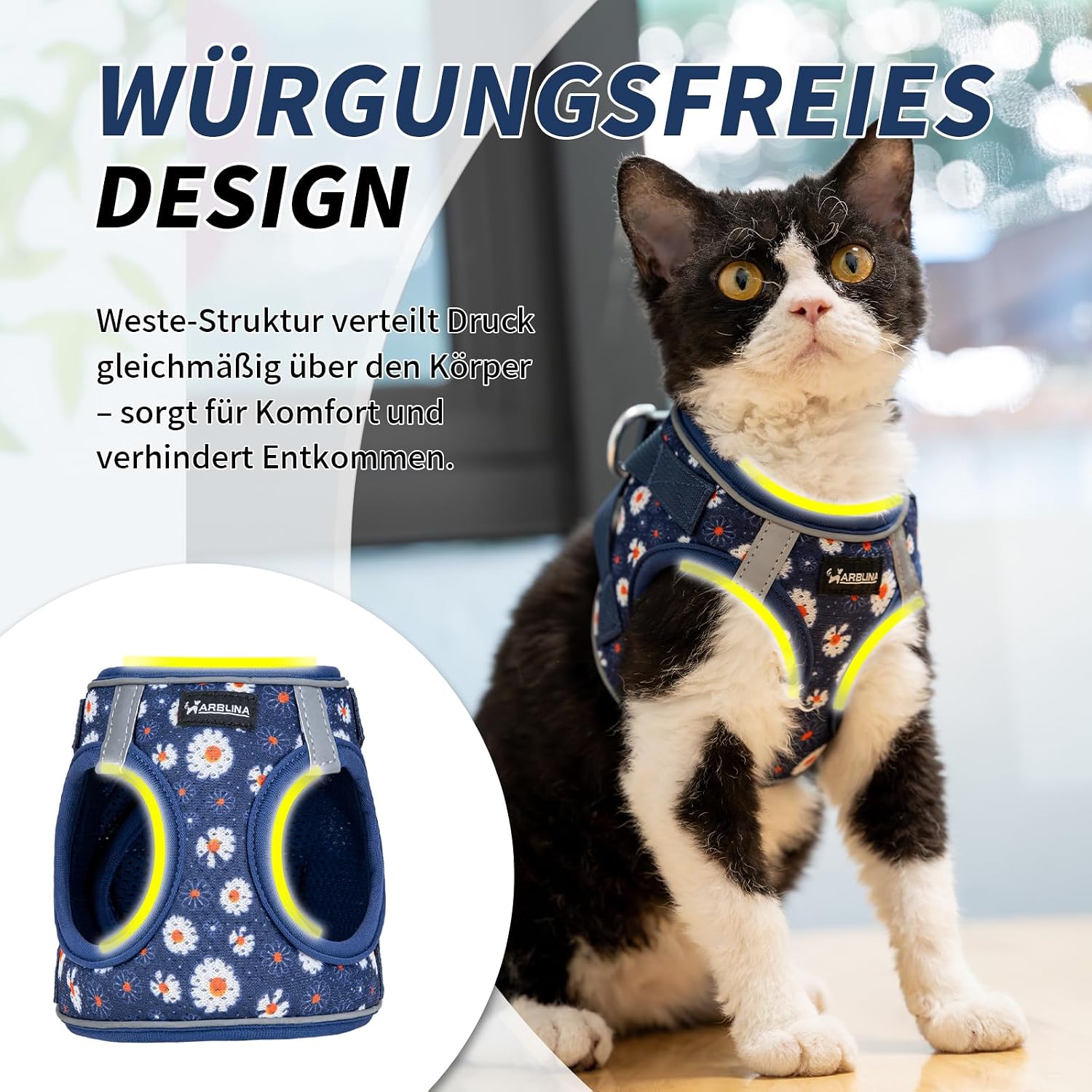 Arblina Katzengeschirr weich atmungsaktiv mit Reflektor und Leine in mehreren Farben