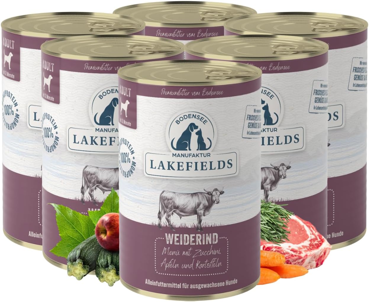 Lakefields Hundefutter Nass Rind 61% 6 x Getreidefrei mit Obst & Gemuese 200