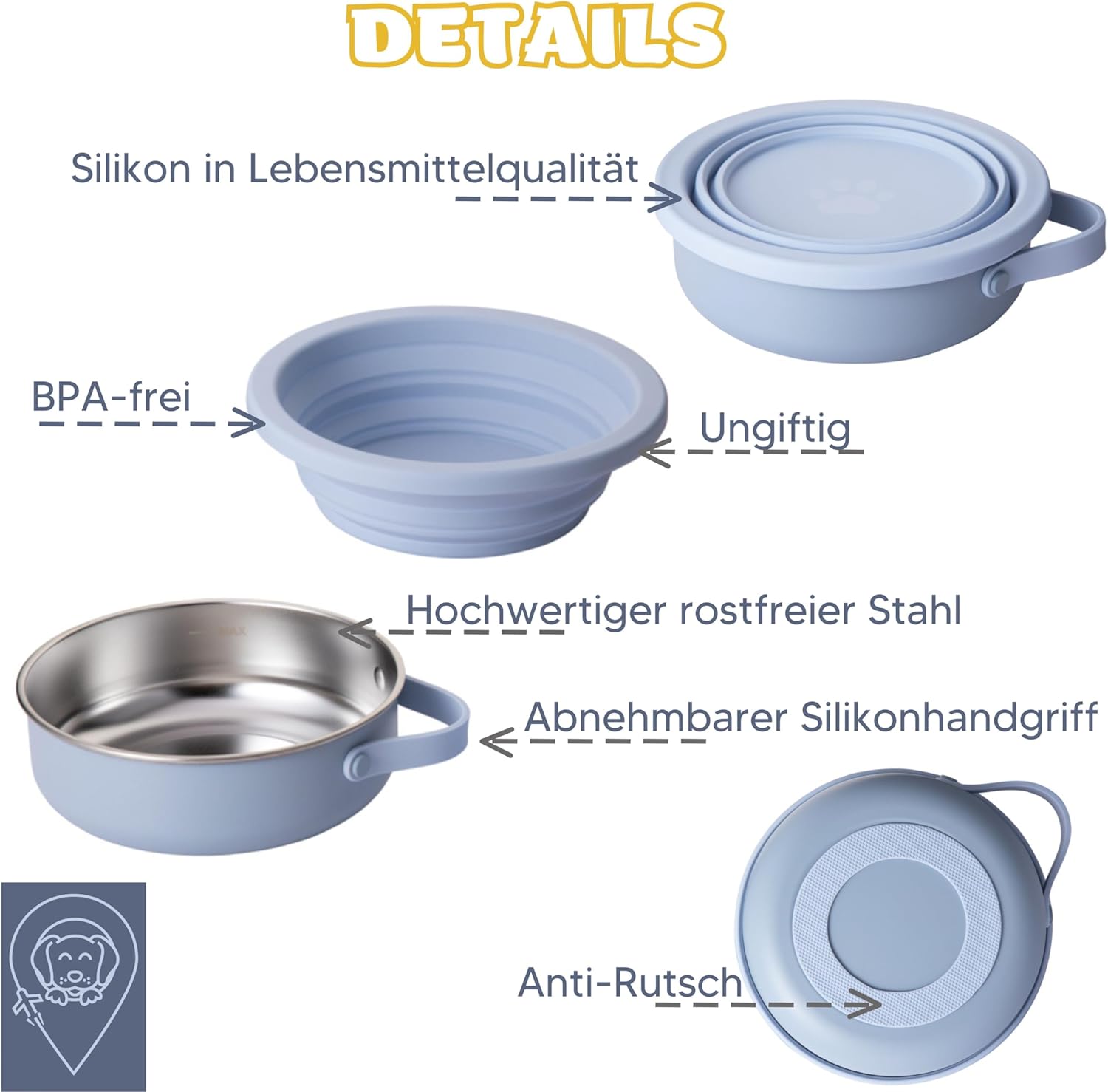 KPET 2‑in‑1 faltbarer Hundenapf Trink- und Futternapf 900 ml Silikon