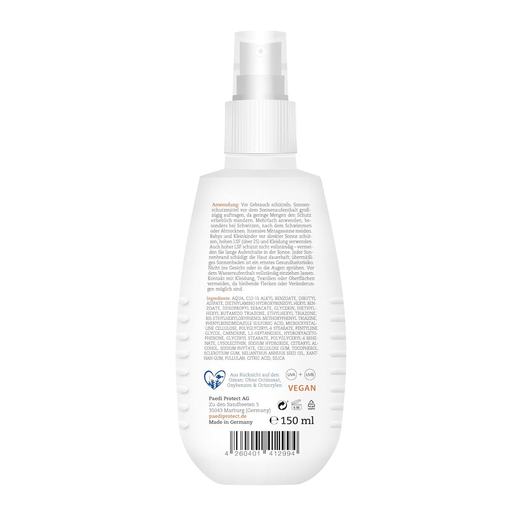 PAEDIPROTECT Sonnenspray LSF 50+ 150 ml parfuemfrei Gesicht Koerper vegan ohne Mik