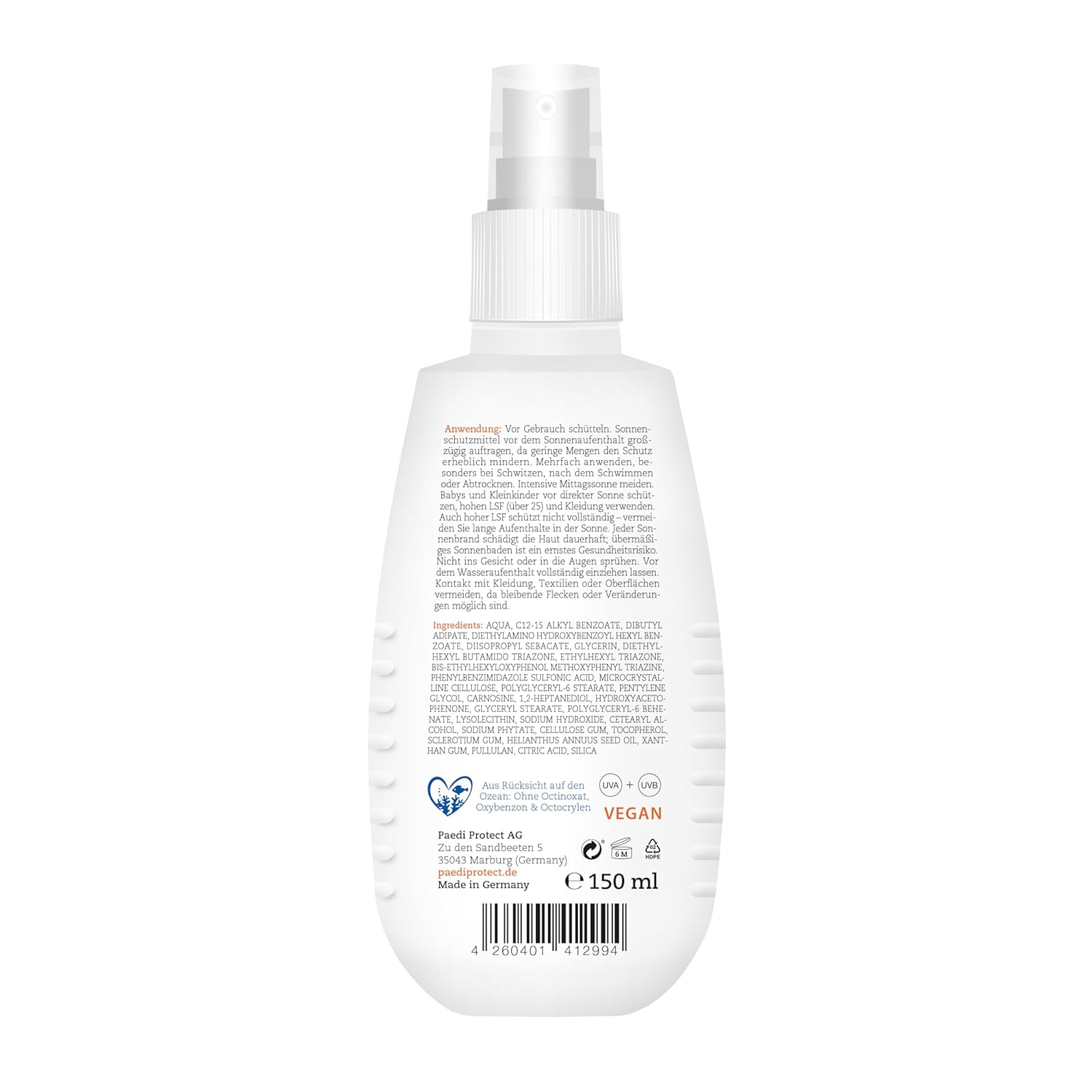 PAEDIPROTECT Sonnenspray LSF 50+ 150 ml parfuemfrei Gesicht Koerper vegan ohne Mik