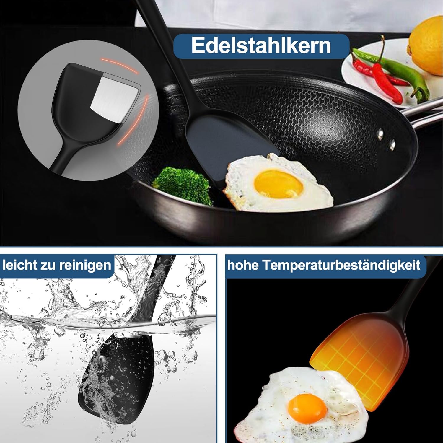 25-teiliges Silikon Kuechenhelfer Set schwarz hitzebestaendig mit Halter