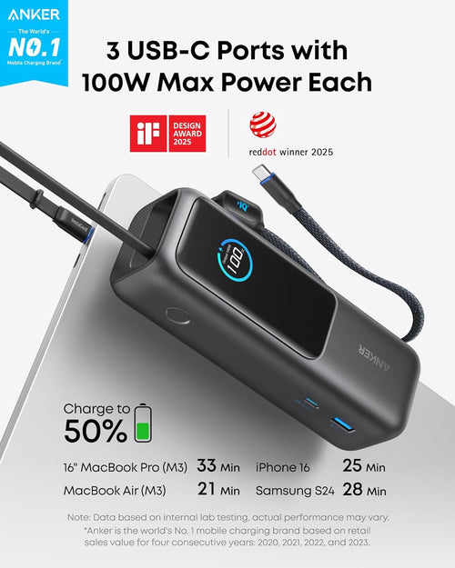 Anker 165W 25000mAh Powerbank mit 3x USB‑C, 70cm Kabel, Trageband