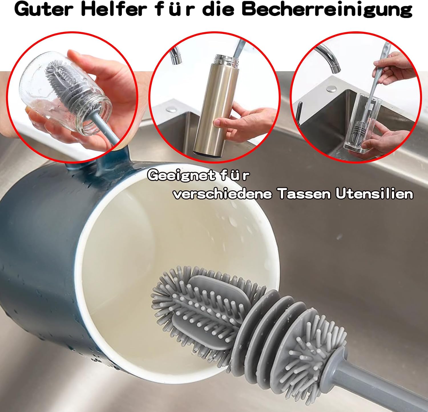 Waterdrop Flaschenbuerste lang fuer schmale Sportflaschen Grau