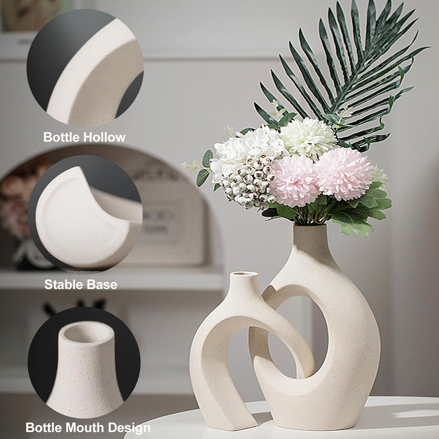 SUKIYPO Keramikvase 2er Set beige Boho Deko fuer Wohnzimmer Buero