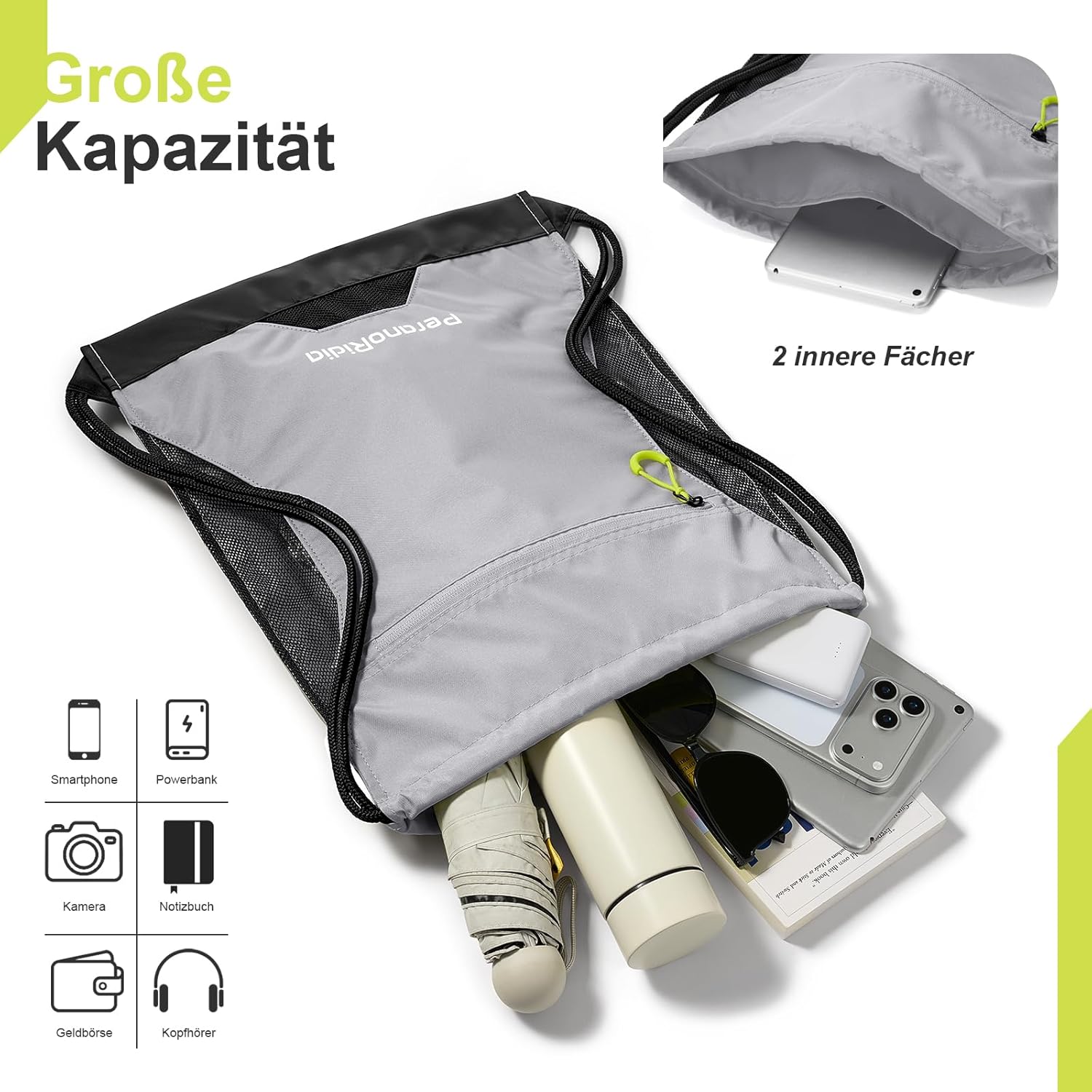 Sportbeutel Turnbeutel 36x45x7 cm Unisex Rucksackbeutel Schwarz/Grau/Gruen