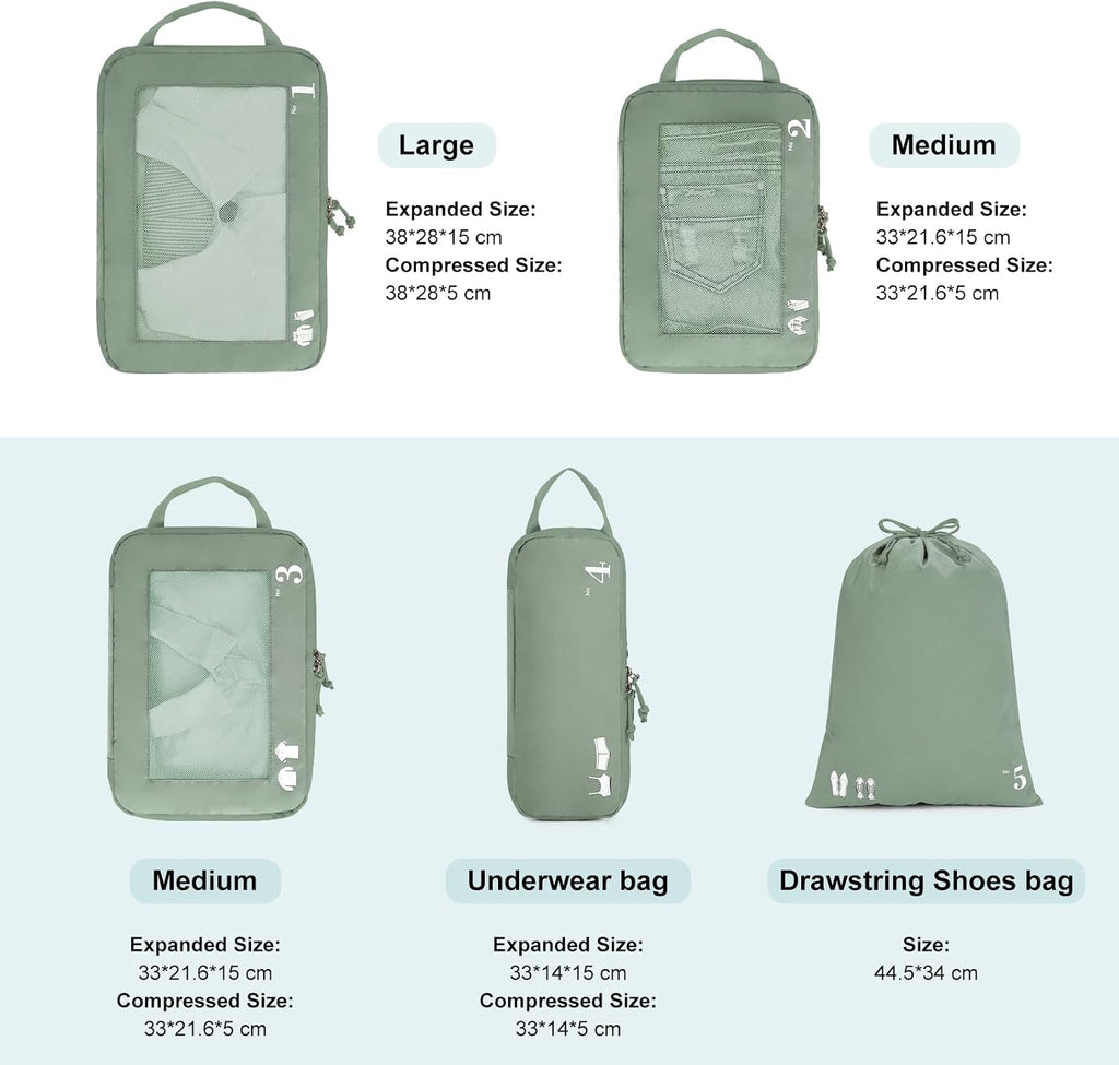 5er Set Kompressions Packing Cubes Koffer Organizer Gruen