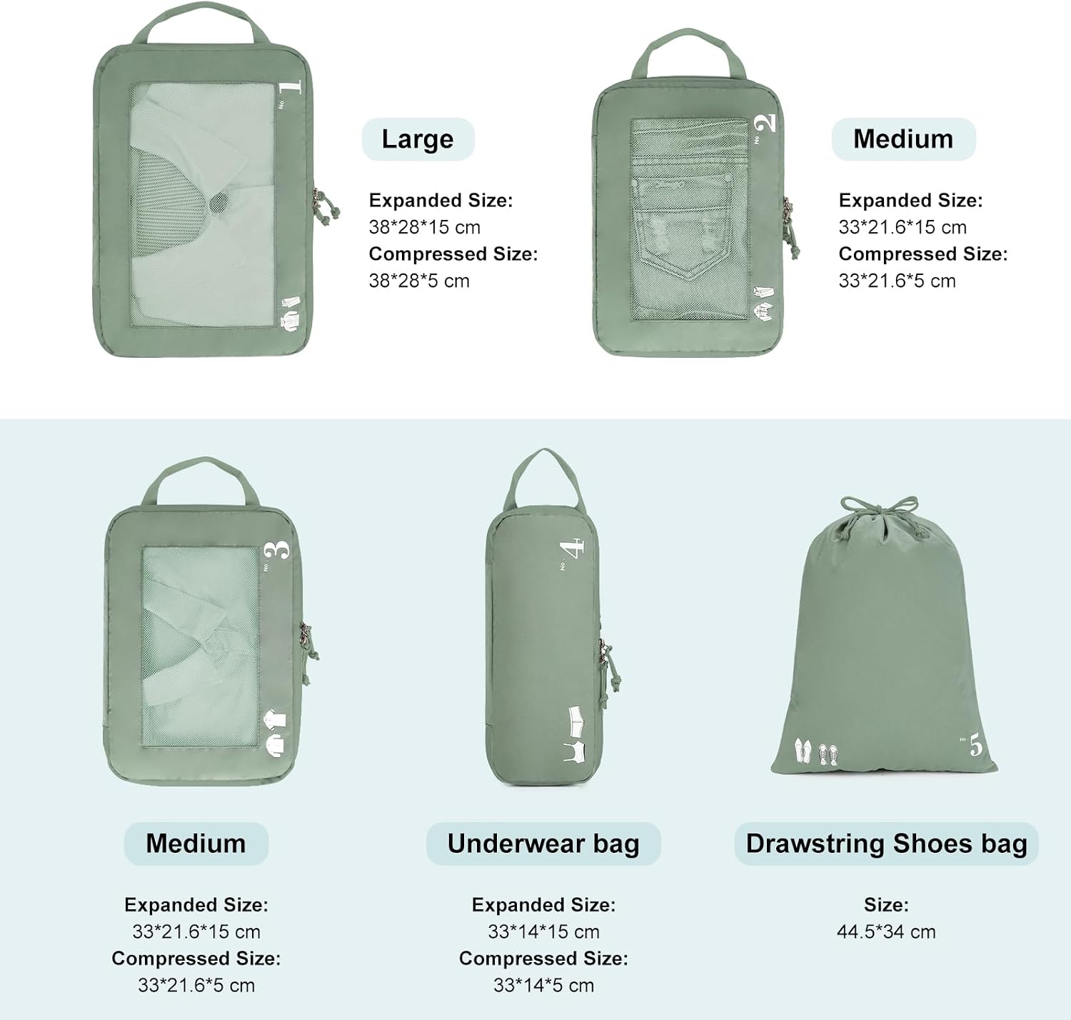 5er Set Kompressions Packing Cubes Koffer Organizer Gruen